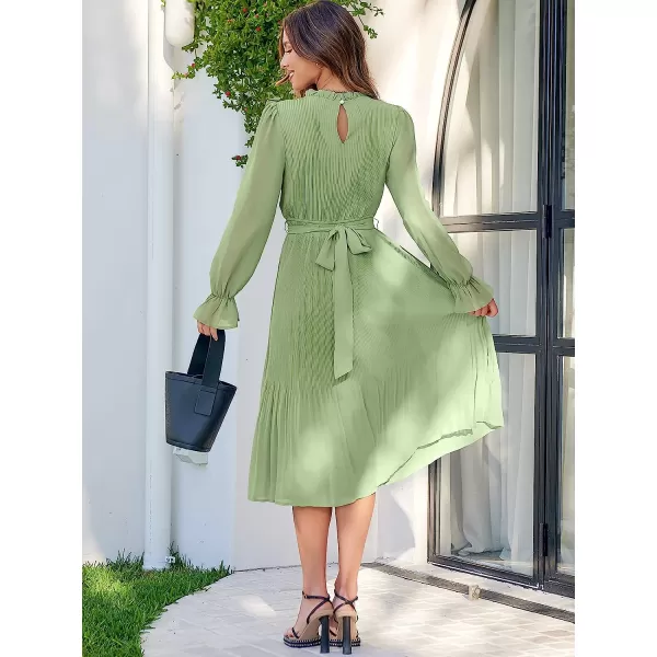 imageANRABESS Womens Floral Midi Dress Puff Long Sleeve Ruffle Trim Smocked Aline Pleated Swing Chiffon Dresses with BeltGreen