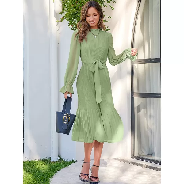 imageANRABESS Womens Floral Midi Dress Puff Long Sleeve Ruffle Trim Smocked Aline Pleated Swing Chiffon Dresses with BeltGreen