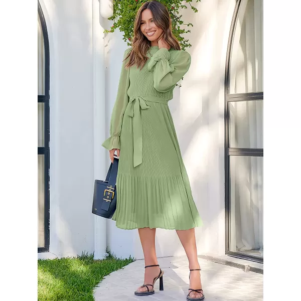 imageANRABESS Womens Floral Midi Dress Puff Long Sleeve Ruffle Trim Smocked Aline Pleated Swing Chiffon Dresses with BeltGreen
