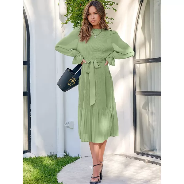 imageANRABESS Womens Floral Midi Dress Puff Long Sleeve Ruffle Trim Smocked Aline Pleated Swing Chiffon Dresses with BeltGreen