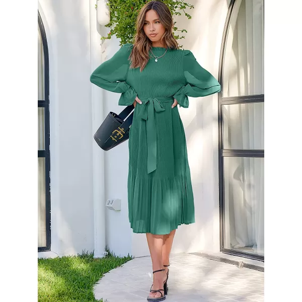 imageANRABESS Womens Floral Midi Dress Puff Long Sleeve Ruffle Trim Smocked Aline Pleated Swing Chiffon Dresses with BeltLake