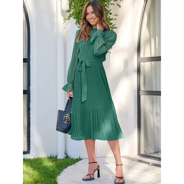 imageANRABESS Womens Floral Midi Dress Puff Long Sleeve Ruffle Trim Smocked Aline Pleated Swing Chiffon Dresses with BeltLake