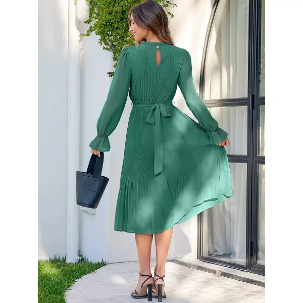 imageANRABESS Womens Floral Midi Dress Puff Long Sleeve Ruffle Trim Smocked Aline Pleated Swing Chiffon Dresses with BeltLake