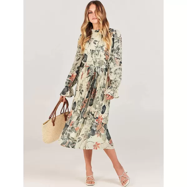 imageANRABESS Womens Floral Midi Dress Puff Long Sleeve Ruffle Trim Smocked Aline Pleated Swing Chiffon Dresses with BeltLeaf Apricot