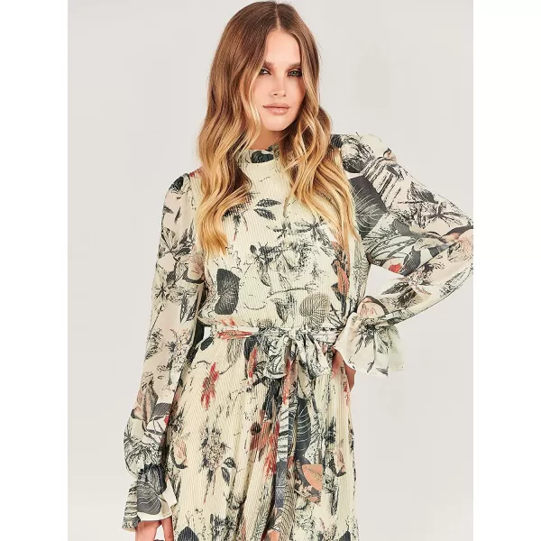 imageANRABESS Womens Floral Midi Dress Puff Long Sleeve Ruffle Trim Smocked Aline Pleated Swing Chiffon Dresses with BeltLeaf Apricot