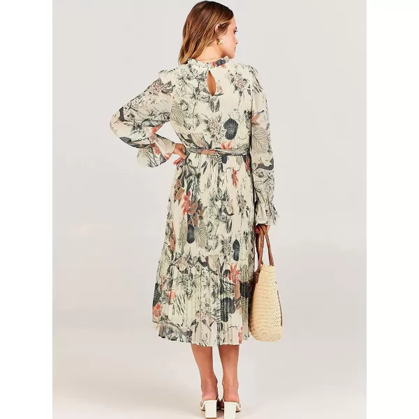 imageANRABESS Womens Floral Midi Dress Puff Long Sleeve Ruffle Trim Smocked Aline Pleated Swing Chiffon Dresses with BeltLeaf Apricot