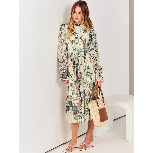imageANRABESS Womens Floral Midi Dress Puff Long Sleeve Ruffle Trim Smocked Aline Pleated Swing Chiffon Dresses with BeltLeaf Apricot