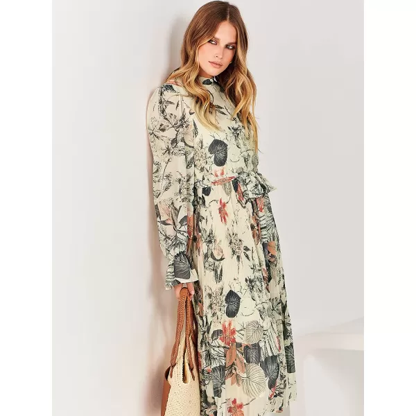 imageANRABESS Womens Floral Midi Dress Puff Long Sleeve Ruffle Trim Smocked Aline Pleated Swing Chiffon Dresses with BeltLeaf Apricot