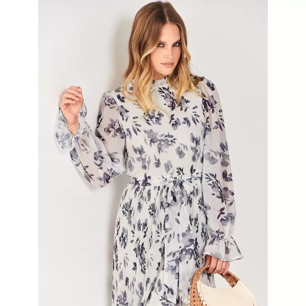imageANRABESS Womens Floral Midi Dress Puff Long Sleeve Ruffle Trim Smocked Aline Pleated Swing Chiffon Dresses with BeltLeaf White