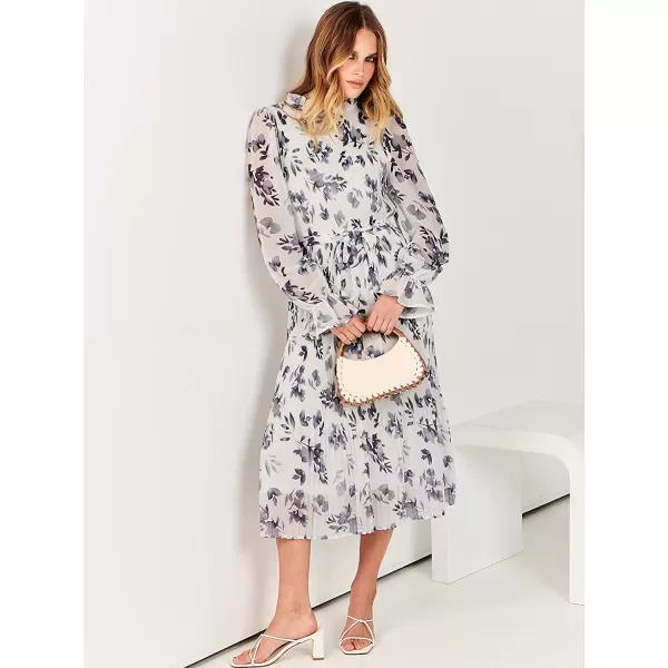 imageANRABESS Womens Floral Midi Dress Puff Long Sleeve Ruffle Trim Smocked Aline Pleated Swing Chiffon Dresses with BeltLeaf White