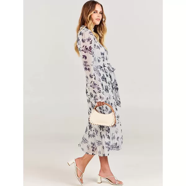 imageANRABESS Womens Floral Midi Dress Puff Long Sleeve Ruffle Trim Smocked Aline Pleated Swing Chiffon Dresses with BeltLeaf White