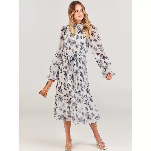 imageANRABESS Womens Floral Midi Dress Puff Long Sleeve Ruffle Trim Smocked Aline Pleated Swing Chiffon Dresses with BeltLeaf White
