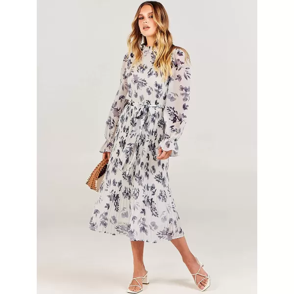 imageANRABESS Womens Floral Midi Dress Puff Long Sleeve Ruffle Trim Smocked Aline Pleated Swing Chiffon Dresses with BeltLeaf White