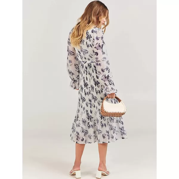 imageANRABESS Womens Floral Midi Dress Puff Long Sleeve Ruffle Trim Smocked Aline Pleated Swing Chiffon Dresses with BeltLeaf White