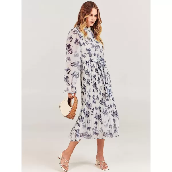 imageANRABESS Womens Floral Midi Dress Puff Long Sleeve Ruffle Trim Smocked Aline Pleated Swing Chiffon Dresses with BeltLeaf White
