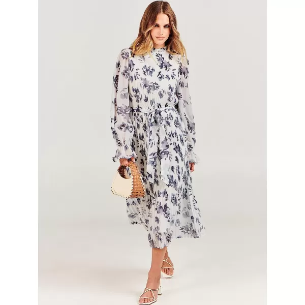 imageANRABESS Womens Floral Midi Dress Puff Long Sleeve Ruffle Trim Smocked Aline Pleated Swing Chiffon Dresses with BeltLeaf White
