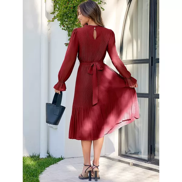 imageANRABESS Womens Floral Midi Dress Puff Long Sleeve Ruffle Trim Smocked Aline Pleated Swing Chiffon Dresses with BeltRed