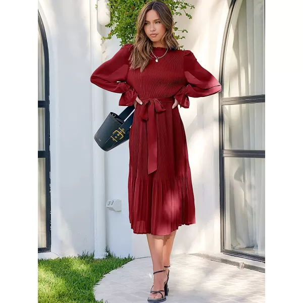 imageANRABESS Womens Floral Midi Dress Puff Long Sleeve Ruffle Trim Smocked Aline Pleated Swing Chiffon Dresses with BeltRed