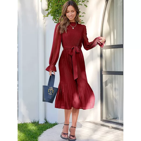 imageANRABESS Womens Floral Midi Dress Puff Long Sleeve Ruffle Trim Smocked Aline Pleated Swing Chiffon Dresses with BeltRed
