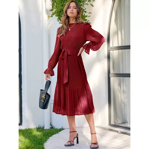 imageANRABESS Womens Floral Midi Dress Puff Long Sleeve Ruffle Trim Smocked Aline Pleated Swing Chiffon Dresses with BeltRed