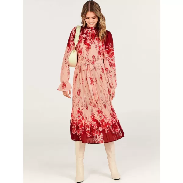 imageANRABESS Womens Floral Midi Dress Puff Long Sleeve Ruffle Trim Smocked Aline Pleated Swing Chiffon Dresses with BeltRose Pink