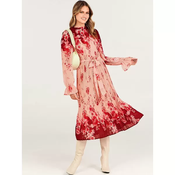 imageANRABESS Womens Floral Midi Dress Puff Long Sleeve Ruffle Trim Smocked Aline Pleated Swing Chiffon Dresses with BeltRose Pink