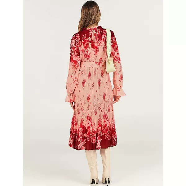 imageANRABESS Womens Floral Midi Dress Puff Long Sleeve Ruffle Trim Smocked Aline Pleated Swing Chiffon Dresses with BeltRose Pink
