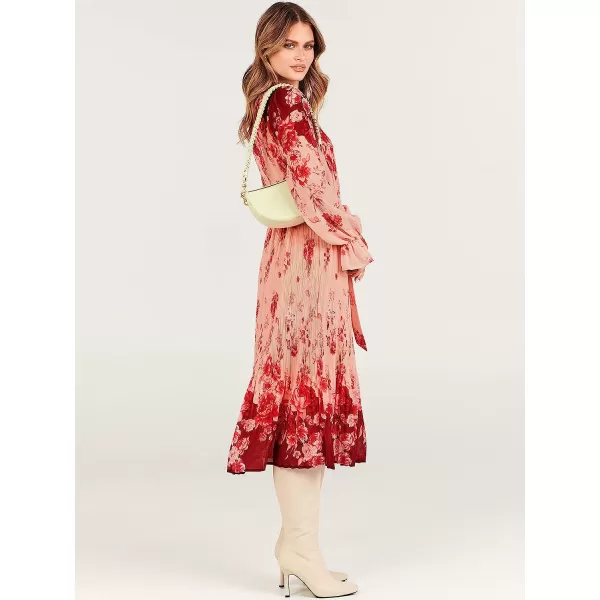 imageANRABESS Womens Floral Midi Dress Puff Long Sleeve Ruffle Trim Smocked Aline Pleated Swing Chiffon Dresses with BeltRose Pink