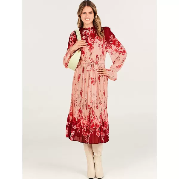 imageANRABESS Womens Floral Midi Dress Puff Long Sleeve Ruffle Trim Smocked Aline Pleated Swing Chiffon Dresses with BeltRose Pink