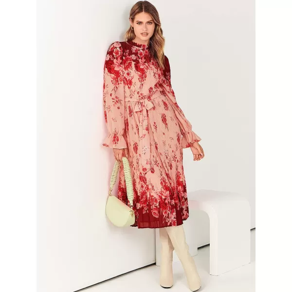 imageANRABESS Womens Floral Midi Dress Puff Long Sleeve Ruffle Trim Smocked Aline Pleated Swing Chiffon Dresses with BeltRose Pink