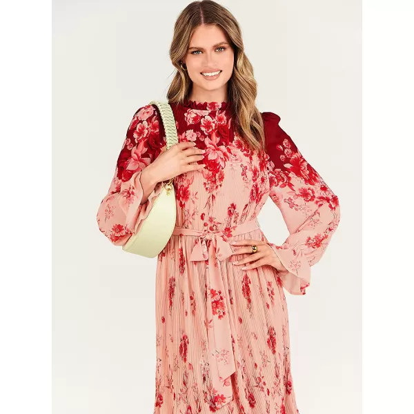imageANRABESS Womens Floral Midi Dress Puff Long Sleeve Ruffle Trim Smocked Aline Pleated Swing Chiffon Dresses with BeltRose Pink