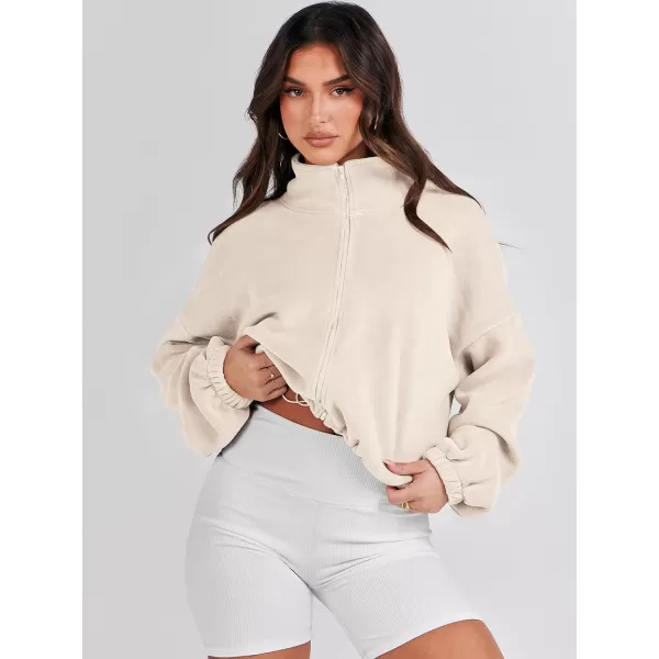 imageANRABESS Womens Full Zip Cropped Fleece Sherpa Jackets Oversized Long Sleeve Workout 2023 Fall Winter Coats OutwearApricot