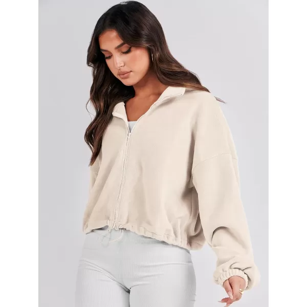 imageANRABESS Womens Full Zip Cropped Fleece Sherpa Jackets Oversized Long Sleeve Workout 2023 Fall Winter Coats OutwearApricot