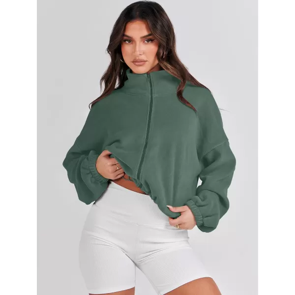 imageANRABESS Womens Full Zip Cropped Fleece Sherpa Jackets Oversized Long Sleeve Workout 2023 Fall Winter Coats OutwearArmy Green