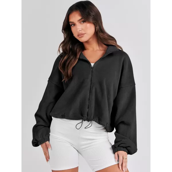 imageANRABESS Womens Full Zip Cropped Fleece Sherpa Jackets Oversized Long Sleeve Workout 2023 Fall Winter Coats OutwearBlack