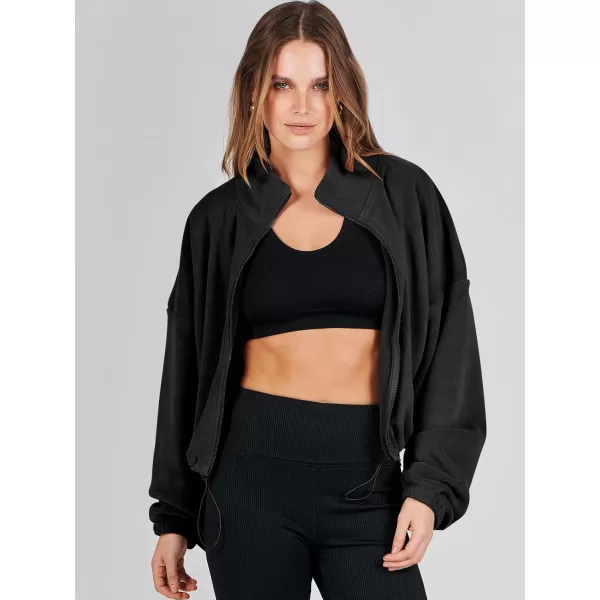 imageANRABESS Womens Full Zip Cropped Fleece Sherpa Jackets Oversized Long Sleeve Workout 2023 Fall Winter Coats OutwearBlack
