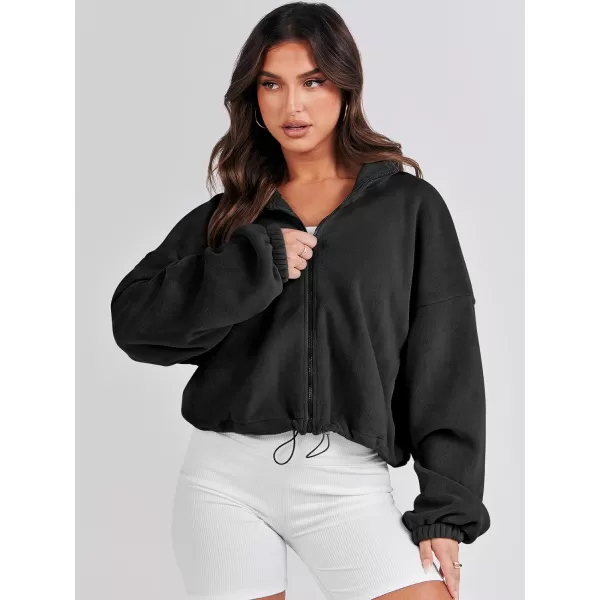 imageANRABESS Womens Full Zip Cropped Fleece Sherpa Jackets Oversized Long Sleeve Workout 2023 Fall Winter Coats OutwearBlack