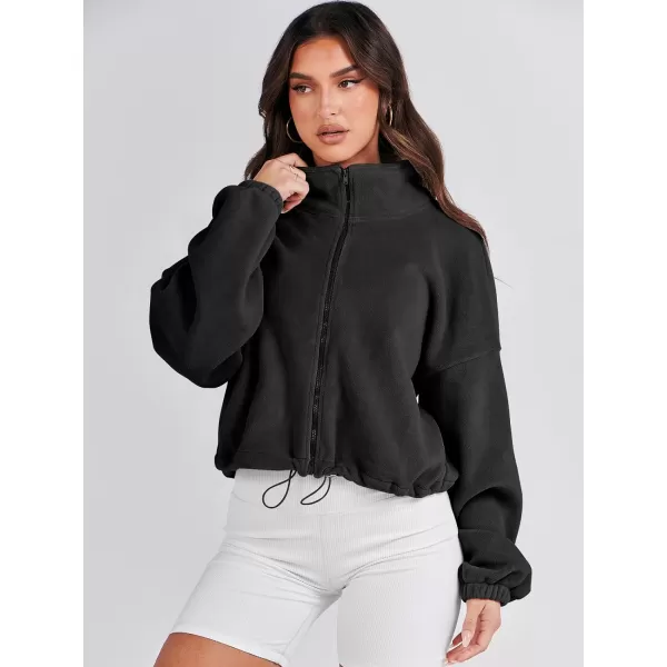 imageANRABESS Womens Full Zip Cropped Fleece Sherpa Jackets Oversized Long Sleeve Workout 2023 Fall Winter Coats OutwearBlack