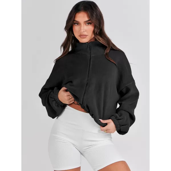 imageANRABESS Womens Full Zip Cropped Fleece Sherpa Jackets Oversized Long Sleeve Workout 2023 Fall Winter Coats OutwearBlack