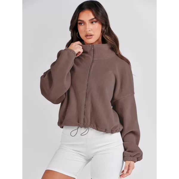 imageANRABESS Womens Full Zip Cropped Fleece Sherpa Jackets Oversized Long Sleeve Workout 2023 Fall Winter Coats OutwearBrown