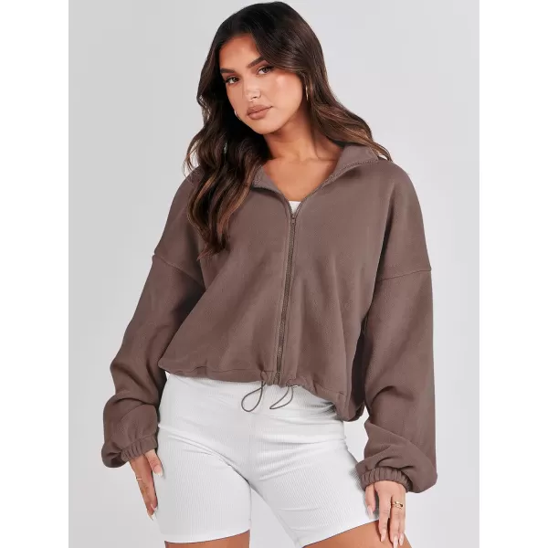 imageANRABESS Womens Full Zip Cropped Fleece Sherpa Jackets Oversized Long Sleeve Workout 2023 Fall Winter Coats OutwearBrown