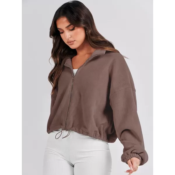 imageANRABESS Womens Full Zip Cropped Fleece Sherpa Jackets Oversized Long Sleeve Workout 2023 Fall Winter Coats OutwearBrown