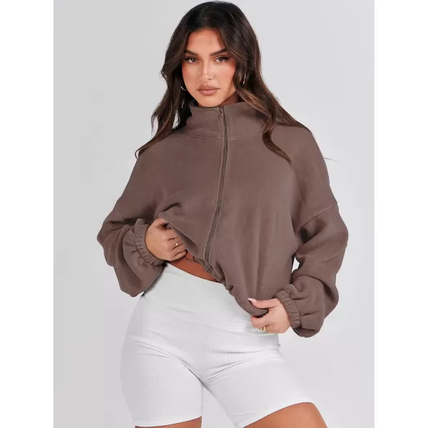 imageANRABESS Womens Full Zip Cropped Fleece Sherpa Jackets Oversized Long Sleeve Workout 2023 Fall Winter Coats OutwearBrown