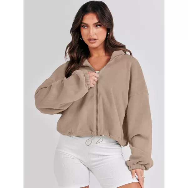 imageANRABESS Womens Full Zip Cropped Fleece Sherpa Jackets Oversized Long Sleeve Workout 2023 Fall Winter Coats OutwearCamel