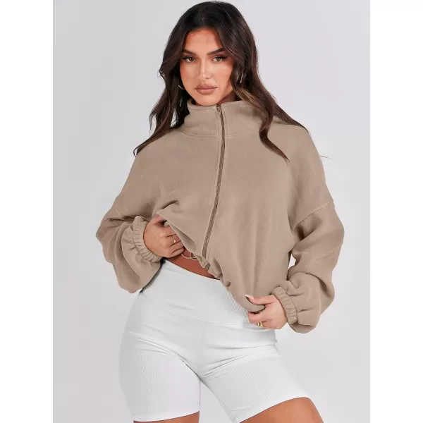 imageANRABESS Womens Full Zip Cropped Fleece Sherpa Jackets Oversized Long Sleeve Workout 2023 Fall Winter Coats OutwearCamel