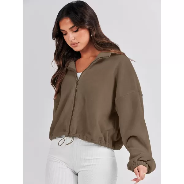 imageANRABESS Womens Full Zip Cropped Fleece Sherpa Jackets Oversized Long Sleeve Workout 2023 Fall Winter Coats OutwearCoffee
