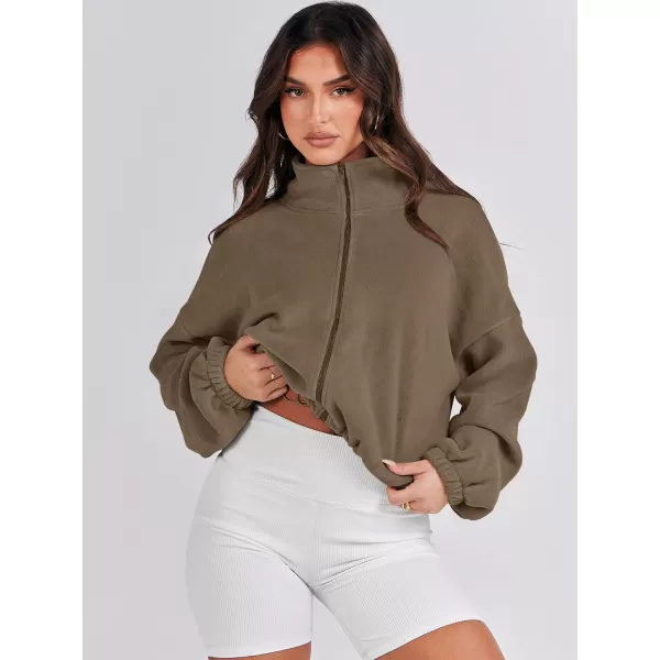 imageANRABESS Womens Full Zip Cropped Fleece Sherpa Jackets Oversized Long Sleeve Workout 2023 Fall Winter Coats OutwearCoffee