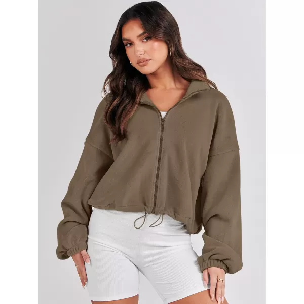 imageANRABESS Womens Full Zip Cropped Fleece Sherpa Jackets Oversized Long Sleeve Workout 2023 Fall Winter Coats OutwearCoffee