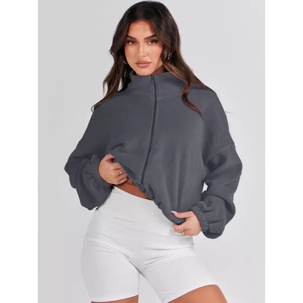 imageANRABESS Womens Full Zip Cropped Fleece Sherpa Jackets Oversized Long Sleeve Workout 2023 Fall Winter Coats OutwearDark Grey