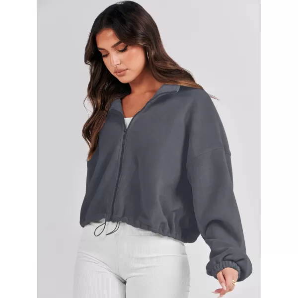 imageANRABESS Womens Full Zip Cropped Fleece Sherpa Jackets Oversized Long Sleeve Workout 2023 Fall Winter Coats OutwearDark Grey